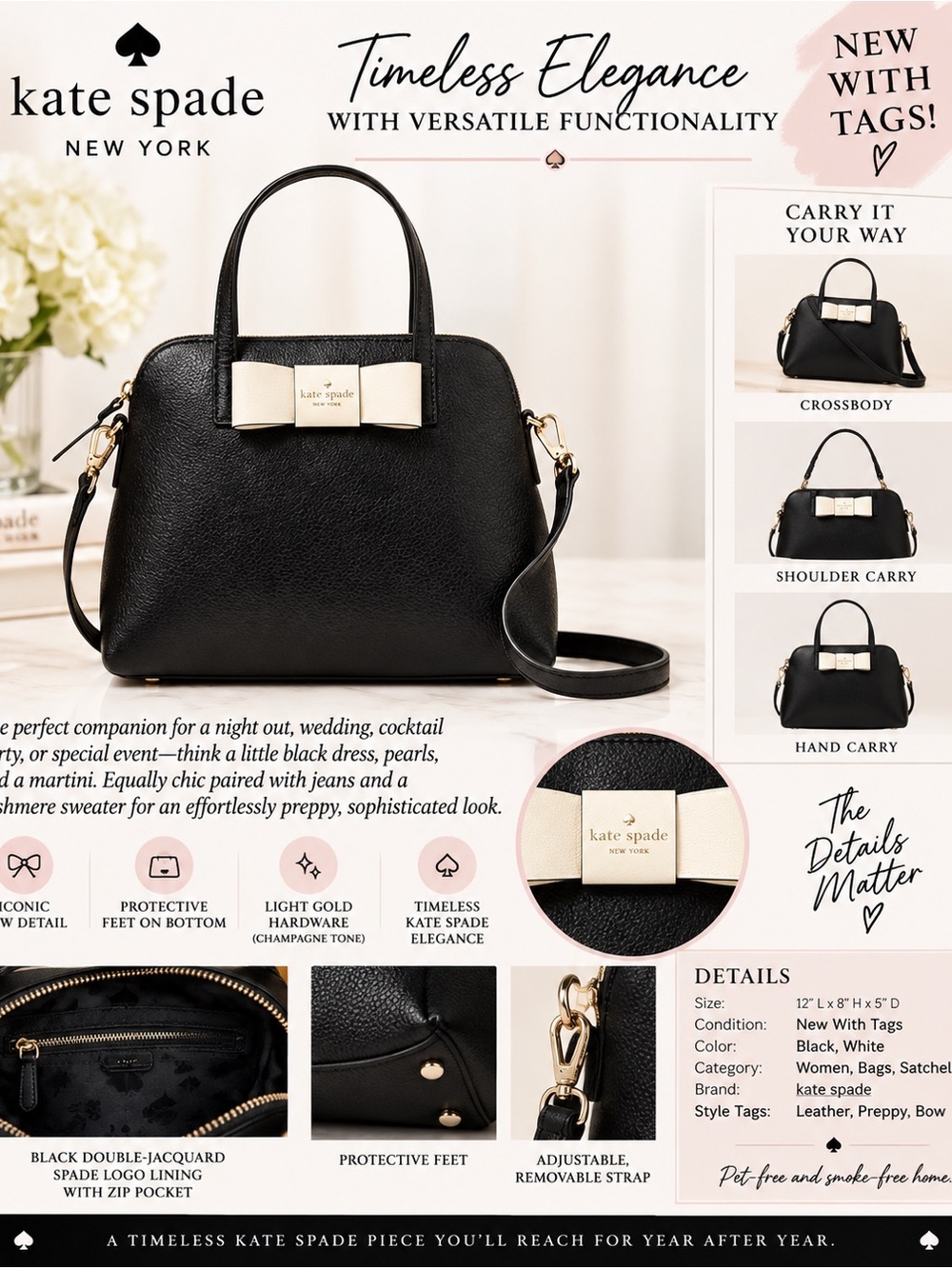 New KATE SPADE‎ Matthews Street Black & Cement Maise Bow Crossbody, $362 MSRP